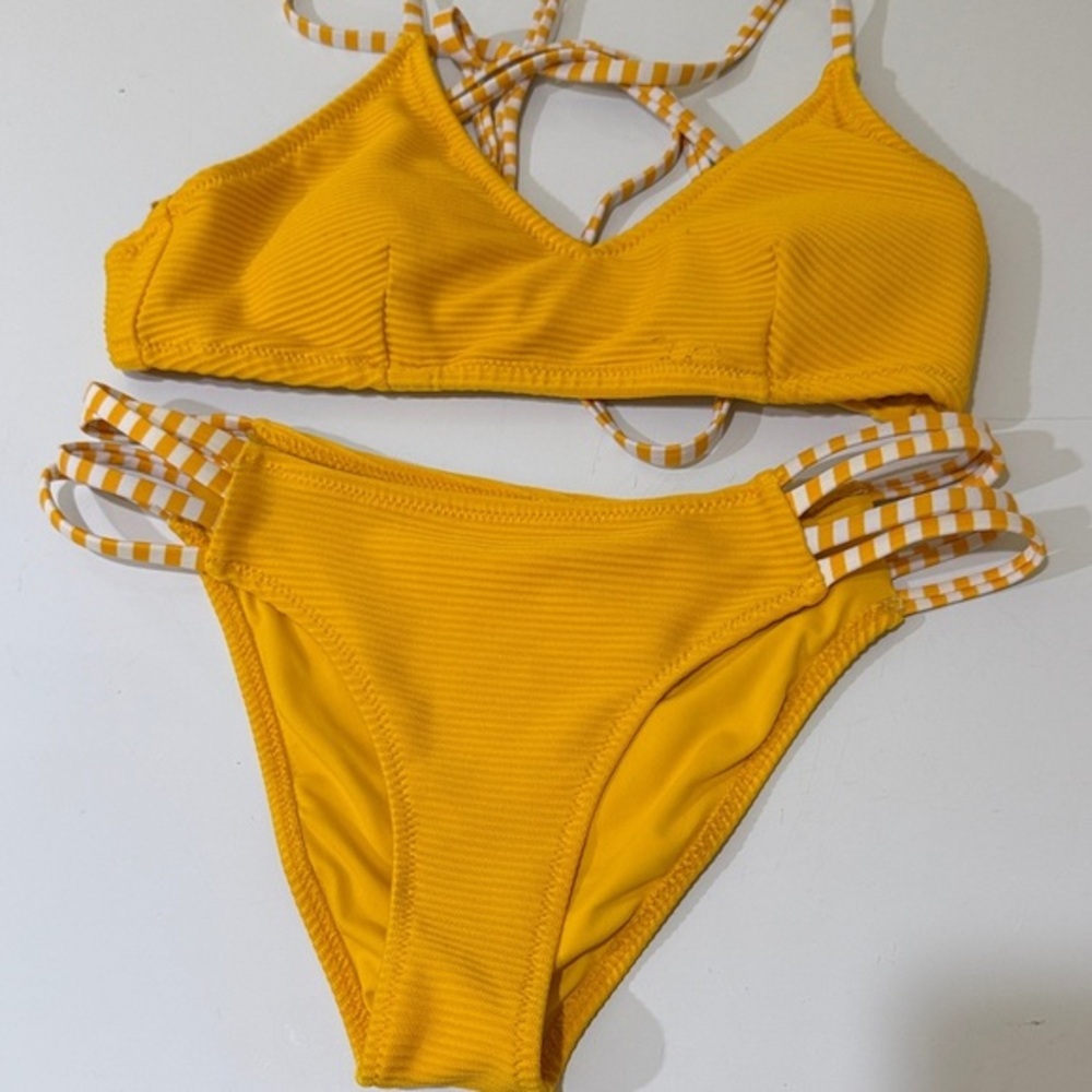 Vibrant Yellow Bikini set  with Striped Straps